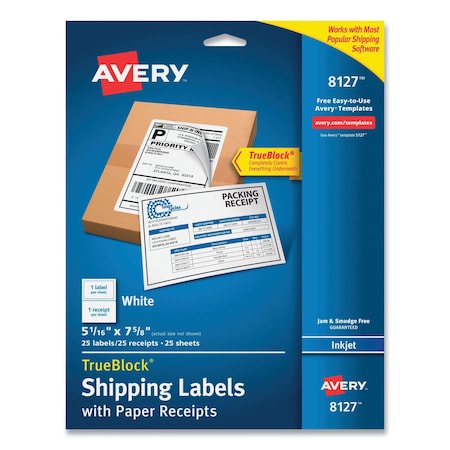 Avery Shipping Labels with TrueBlock Technology, Inkjet Printers, 5.06 x 7.62, White, 25PK 8127